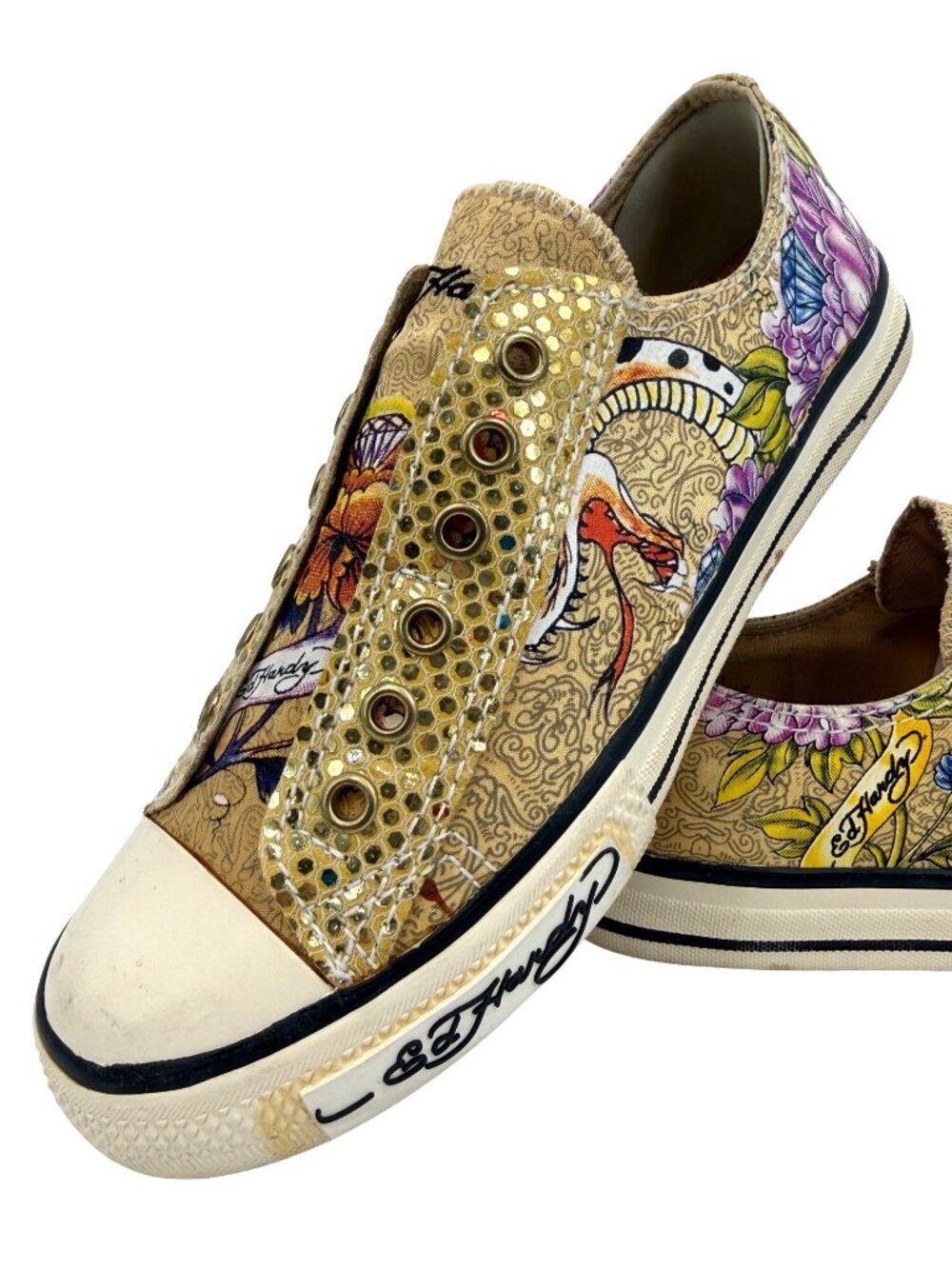 Vtg Y2K Ed Hardy Yellow Canvas Sneakers| McBling Grunge Sleaze Baddie Streetwear - Picture 14 of 16